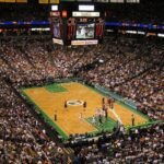 A high-angle view of an NBA game in progress between the Boston Celtics and Miami Heat at TD Garden.