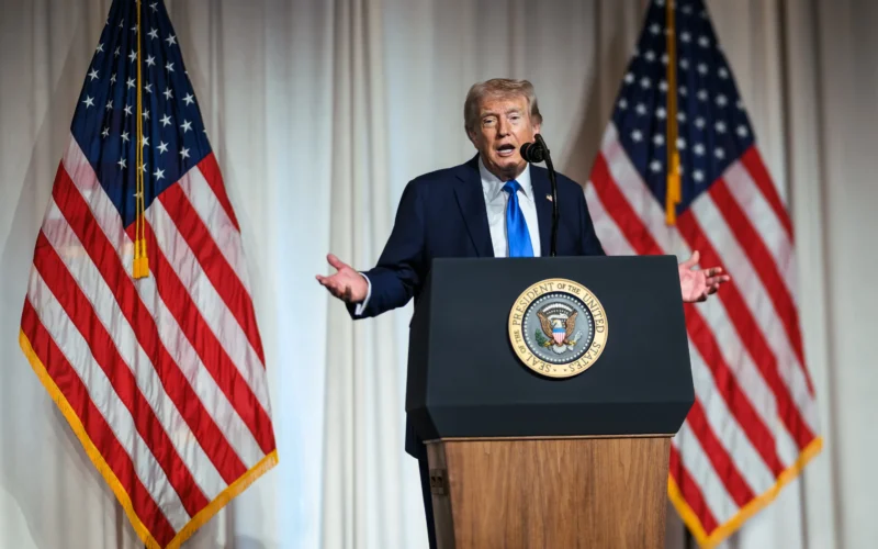 President Donald J. Trump speaking at a podium with the Presidential Seal, used as a file photo for foreign policy news.