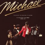 Official movie poster for the 2026 Michael biopic featuring Jaafar Jackson in a golden-hued recreation of the iconic Beat It red leather jacket.